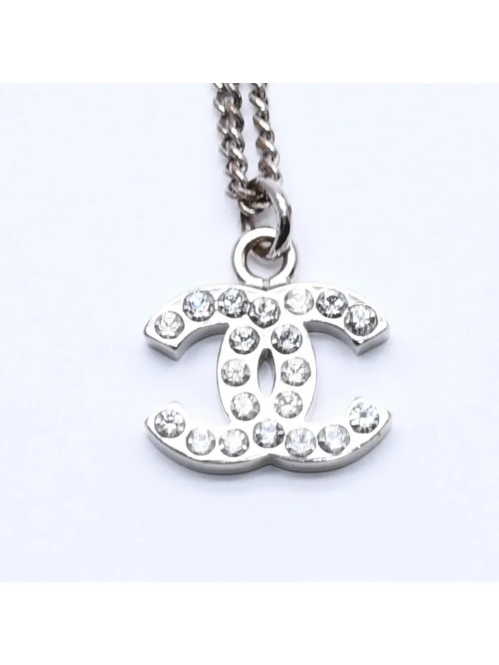 Chanel Necklace CC Logo Rhinestone Silver 11